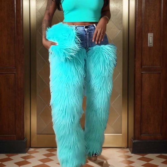 SHEIN Pants - SHEIN Turquoise Faux Fur Wide Leg Pants